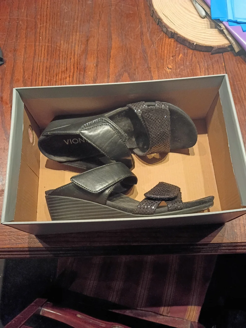 Vionic Black Wedge Sandals with Textured Straps and Velcro